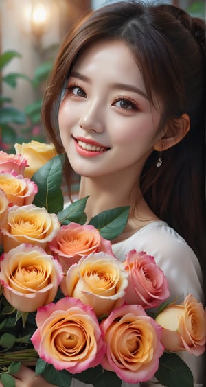 Image, best quality, masterpiece, ultra high definition, natural proportions, ultra high definition, realistic and vivid colors, detailed UHD drawing, perfect composition, 8k, texture, breathtaking beauty, bright smile, pure perfection, unforgettable emotions., woman 1, korean, happy holding a bouquet of roses and smelling them,