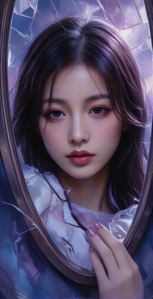 A girl's face reflected in a broken mirror, fantastic details, detailed brush strokes and oil painting, portrait style of a girl in deep thought. Gradients of purple and blue, dreamy world,