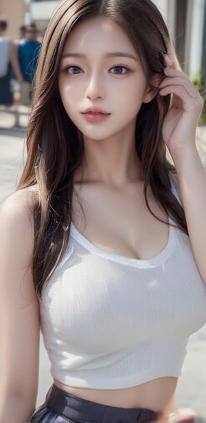 Image, (full body), top quality, masterpiece, ultra high definition, (cute face), (perfect brown eyes), korean, surreal illustration, natural proportions, ultra high definition, realistic and vivid colors, highly detailed UHD drawing, perfectly composed, 8k, texture, breathtaking beauty, radiant smile, pure perfection, unforgettable emotions, medium burst, thread necklace, female portrait, skirt, embroidered collar t-shirt,