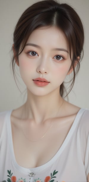 Image, (full body), top quality, masterpiece, ultra high definition, (cute face), (perfect brown eyes), korean, surreal illustration, natural proportions, ultra high definition, realistic and vivid colors, highly detailed UHD drawing, perfectly composed, 8k, texture, breathtaking beauty, radiant smile, pure perfection, unforgettable emotions, medium burst, thread necklace, female portrait, skirt, embroidered collar t-shirt,