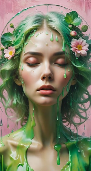 Painted in gorgeous colors, the blonde woman's hair becomes silvery and falls away from her head, and the large and small drops create a large circle. There is a small flower on her head. The abstract pink background and fantastic green color gradient add a sense of mystery, and the heavy, unstructured, thick brushstrokes beautifully express the woman's portrait.