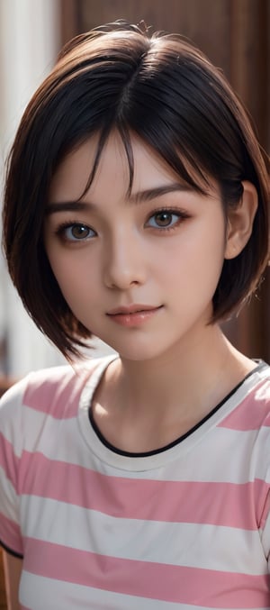 ((Top quality)), ((Masterpiece)), Portrait of girl with neat hairstyle, ((front,)) pink horizontal striped t-shirt, beautiful eyes, brown eyes, black short hair, intricate details, very detailed eyes, small Mouth, movie image, lit with soft light, perfect face,