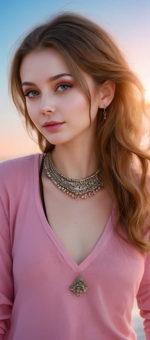 Beautiful and delicate light, (beautiful and delicate eyes), very detailed, pale skin, big smile, (long hair), dreamy, medium chest, female 1, ((front shot)), bangs, soft expression, height 170, elegant, Bright smile, 8k art photo, realistic concept art, realistic, person, small necklace, small earrings, fantasy, jewelry, shyness, dreamy soft image, masterpiece, ultra-high definition, jeans, sweater,Amethyst ,Exquisite face