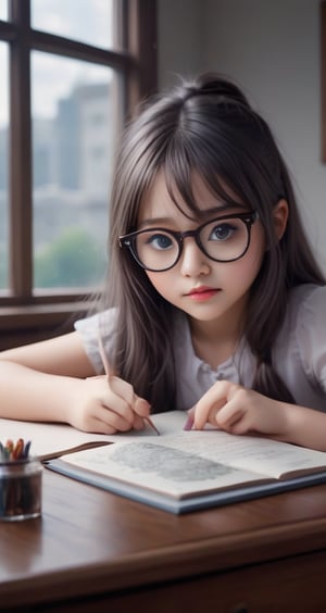 The highly detailed fantasy artwork features a pair of glasses placed on a desk, a girl's reflection in the glass of the glasses, and complexly layered images, creating a fantastic visual. The composition is pixel-perfect and extremely realistic and vivid.