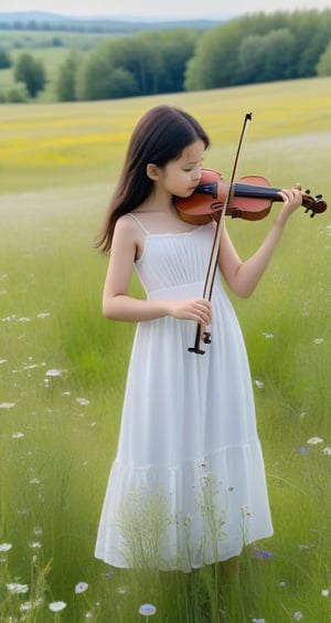 A girl wearing a one-piece dress is standing in a wide meadow and playing the violin. The music she plays becomes a score and spreads far and wide along the melody. Small wild flowers are blooming in the meadow.