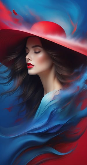 A woman wearing a wide-brimmed hat, gorgeous colors, the woman's hair breaks into small pieces and turns into powder as it moves away from her head, the abstract red background and fantastic blue gradient add to the mysteriousness, the heavy and unstructured thick brush strokes beautifully express the portrait of a woman,