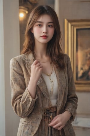 Beautiful and attractive Korean woman, long hair in brown tones, sexy and attractive portrait, soft lighting, detailed, elegant. Ultra high definition, neat and stylish casual outfit, full body, string necklace, small earrings, bracelet, high heels,