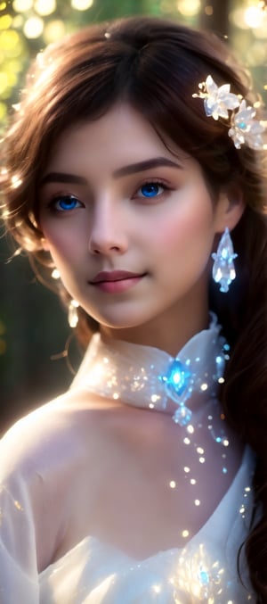 Beautiful soft light, (beautiful and delicate eyes), very detailed, pale skin, (long hair), dreamy, ((front shot)), brown eyes, soft expression, bright smile, art photography, fantasy, jewelry, shy, soft Image, masterpiece, ultra-high resolution, color, very detailed and soft lighting, details, Ultra HD, 8k, highest quality, (pose),girl ,real,Wonder of Art and Beauty,Illustration