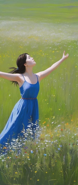 I am painting a girl in a one-piece dress, with her arms outstretched and her head raised, taking a deep breath in a field covered with small wild flowers, acrylic painting.