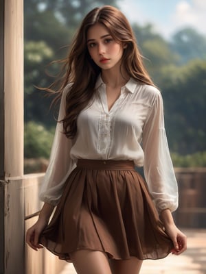 Masterpiece, top quality, highest quality, art, detail. 1 girl, long brown hair, brown eyes, sad eyes staring into space, full body shot, beautiful, skirt, soft blouse,