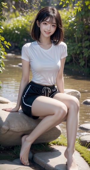 Image, top quality, masterpiece, ultra high definition, natural proportions, ultra high definition, realistic and vivid colors, detailed UHD drawing, perfect composition, 8k, texture, breathtaking beauty, bright smile, pure perfection, unforgettable emotions. , female 1, korean, a girl in a striped T-shirt sits on a stone in a valley and soaks her feet in the stream, shorts, stream,