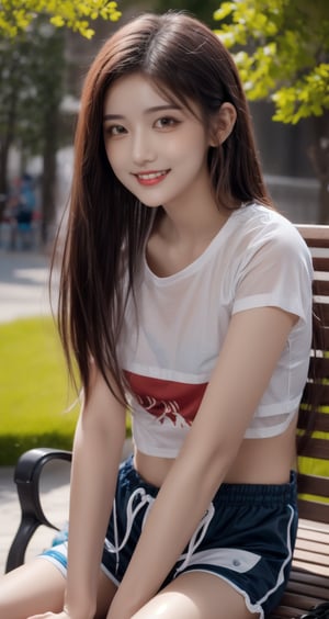 Image, top quality, masterpiece, ultra high definition, natural proportions, ultra high definition, realistic and vivid colors, detailed UHD drawing, perfect composition, 8k, texture, breathtaking beauty, bright smile, pure perfection, unforgettable emotions. , female 1, Korean, girl in red striped t-shirt sitting on park bench and looking at sky, shorts,