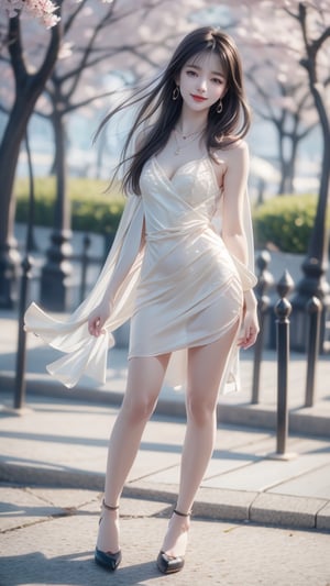 Beautiful and delicate light, (beautiful and delicate eyes), very detailed, pale skin, big smile, (brown eyes), (black long hair), dreamy, medium breasts, woman 1, (front shot), full body shot, Korean girl , bangs, soft expression, height 170, elegance, bright smile, 8k art photo, realistic concept art, realistic, portrait, small necklace, small earrings, fantasy, jewelry, shyness, spring day in the park with cherry blossoms in full bloom, soft image like a dream ,