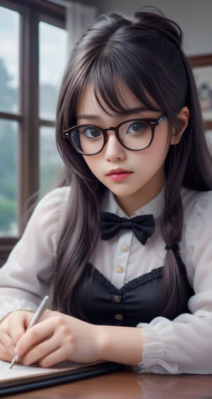 The highly detailed fantasy artwork features a pair of glasses placed on a desk, a girl's reflection in the glass of the glasses, and complexly layered images, creating a fantastic visual. The composition is pixel-perfect and extremely realistic and vivid.