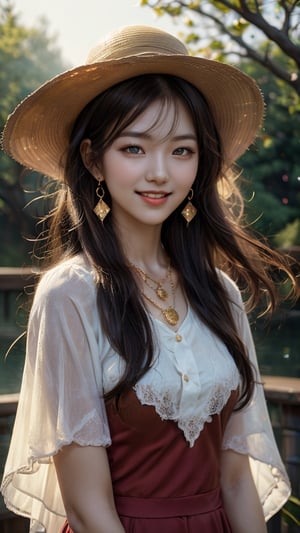 Beautiful and delicate light, (beautiful and delicate eyes), very detailed, pale skin, big smile, (brown eyes), (black long hair), dreamy, medium chest, woman 1, (front shot), Korean girl, bangs, Soft expression, height 170, elegance, bright smile, 8k art photo, realistic concept art, realistic, portrait, necklace, small earrings, fantasy, jewelry, shyness, spring day with cherry blossoms in full bloom, red dress fluttering like fog, red Floppy hat, dream-like soft image,