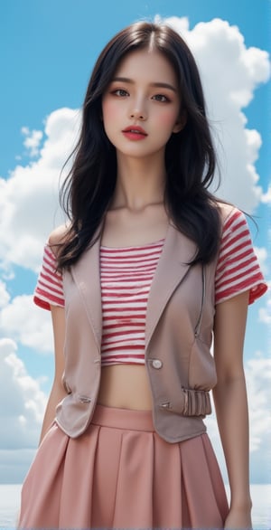 A beautiful and vivid portrait of a woman. She is wearing a striped T-shirt and a short vest on top and a pleated skirt on the bottom. Her lips are sexy with red lipstick. Her hair is black, and the background is the sky with clouds floating in the air. The entire work has a beautiful three-dimensional feeling.