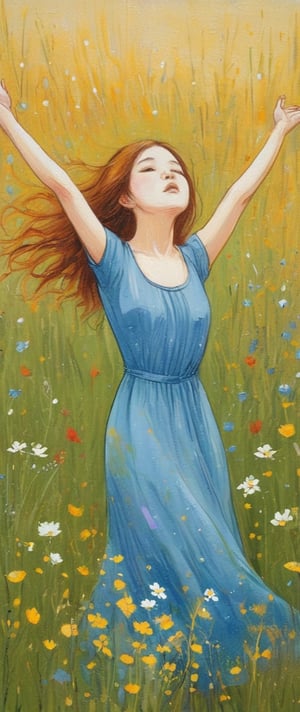 I am painting a girl in a one-piece dress, with her arms outstretched and her head raised, taking a deep breath in a field covered with small wild flowers, acrylic painting.