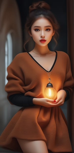 Image, (full body), highest quality, masterpiece, ultra-high definition, (cute face), (perfect brown eyes), surreal illustration, natural proportions, Ultra HD, realistic and vivid colors, highly detailed UHD drawing, perfectly composed, 8k , texture, breathtaking beauty, pure perfection, unforgettable emotion, medium burst, thread necklace, skirt, portrait of a woman, ecru technical wool fleece knit,