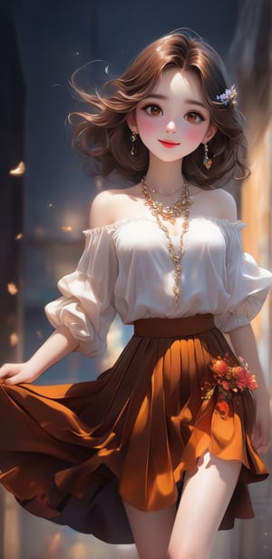 Image, (full body), top quality, masterpiece, ultra high definition, (cute face), (perfect brown eyes), surreal illustration, natural proportions, ultra high definition, realistic and vivid colors, highly detailed UHD drawing, perfectly composed, 8k, texture, breathtaking beauty, radiant smile, pure perfection, unforgettable emotions, medium burst, thread necklace, skirt, female portrait, blouse,