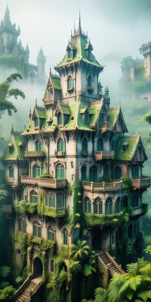 (Masterpiece), highest quality, 8k, HD, fantasy, green jungle, thick fog, mystery, lush green, gloomy, old castle architecture,ste4mpunk