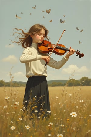 A girl is standing in a wide meadow wearing a skirt and an eco-soft turtleneck long-sleeved T-shirt, playing the violin. The music she plays becomes notes and spreads far and wide along the melody. There are small wild flowers blooming in the meadow.