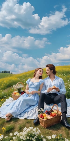 (Masterpiece), highest quality, 8k, HD, fantasy, wide meadow, picnic, mat, basket for food, 1 man, 1 woman, a woman in a dress is sitting with both feet on the mat, (man with his knees bent on the woman) is lying down looking at the sky), lovers, picnic, flowers, sky, clouds,Flower Blindfold,Wonder of Beauty