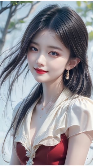 Beautiful and delicate light, (beautiful and delicate eyes), very detailed, pale skin, big smile, (brown eyes), (black long hair), dreamy, medium chest, woman 1, (front shot), Korean girl, bangs, Soft expression, height 170, elegance, bright smile, 8k art photo, realistic concept art, realistic, portrait, small necklace, small earrings, fantasy, jewelry, shyness, spring day in the park with cherry blossoms in full bloom, red dress, soft image like a dream ,khoai 21,1 girl