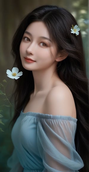 A dark oil painting capturing a fairytale-like evening garden with swaying cosmos flowers, the eye is drawn to her soft skin and detailed features, her long black hair, brown eyes, and soft shadows cast by the flickering light green and small sparkling light blue lights. Immersed in the magical aura of morning sunlight, the entire scene is set against a backdrop of fine coal texture reminiscent of the artwork. Jeremy Mann or Raphael, ballerina. Smile, (Oily Skin: 1.3), (Medium Chest), Willow, Sculpted, (Sassy: 2.3), Front, (Perfect Anatomy, Half Length, White Dress, Long Fingers, 4 Fingers, 1 Thumb), Dynamic Sexy pose, chest opening, (artistic pose for women),kim youjung
