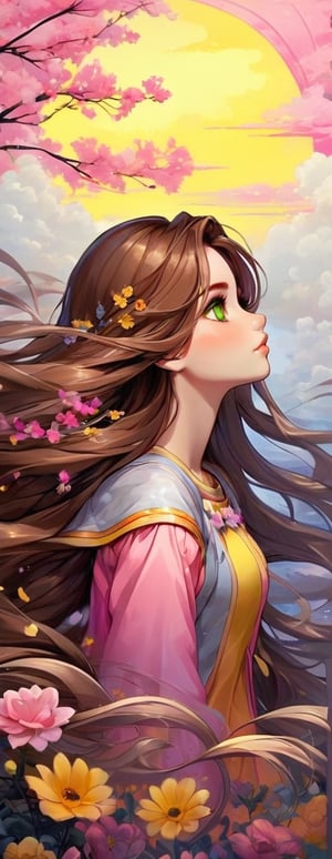 Masterpiece, top quality, highest quality, art, detail. 1 Girl, long brown hair, yellow and pink gradient, unclear border like fog, sad eyes staring into space, blurry, full body shot, beautiful, hair blowing in the wind,DonMM1y4XL,DonMW15pXL,Flower queen,sticker