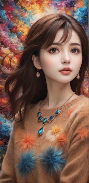 Image, (full body), highest quality, masterpiece, ultra-high definition, (cute face), (perfect brown eyes), surreal illustration, natural proportions, Ultra HD, realistic and vivid colors, highly detailed UHD drawing, perfectly composed, 8k , texture, breathtaking beauty, pure perfection, unforgettable emotion, medium burst, thread necklace, skirt, portrait of a woman, ecru technical wool fleece knit,Wonder of Beauty