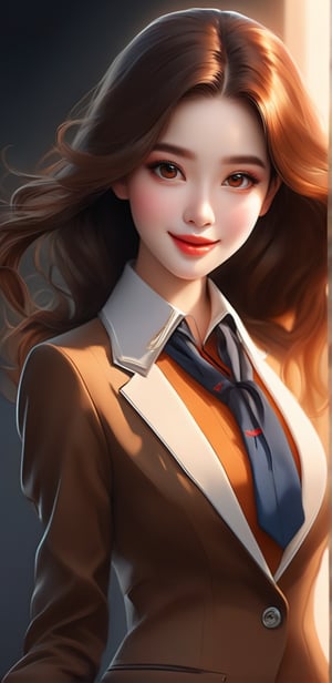 Image, (full body), top quality, masterpiece, ultra high definition, (cute face), (perfect brown eyes), surreal illustration, natural proportions, ultra high definition, realistic and vivid colors, highly detailed UHD drawing, perfectly composed, 8k, texture, breathtaking beauty, radiant smile, pure perfection, unforgettable emotions, medium burst, thread necklace, female portrait, basic collar neck suit uniform,