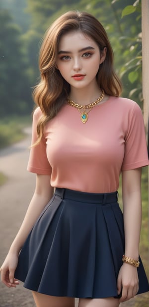 Image, (full body), highest quality, masterpiece, ultra-high definition, (cute face), (perfect brown eyes), surreal illustration, natural proportions, Ultra HD, realistic and vivid colors, highly detailed UHD drawing, perfectly composed, 8k , texture, breathtaking beauty, pure perfection, unforgettable emotion, thread necklace, skirt, portrait of a woman, weekend loose fit daily shirt,BugCraft,aesthetic portrait,ohwx