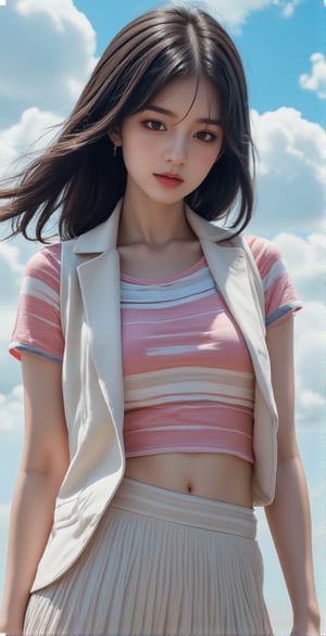 A beautiful and vivid portrait of a woman. She is wearing a striped T-shirt and a short vest on top and a pleated skirt on the bottom. Her lips are sexy with red lipstick. Her hair is black, and the background is the sky with clouds floating in the air. The entire work has a beautiful three-dimensional feeling.