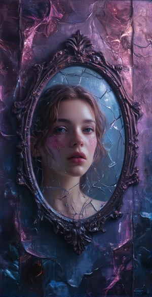 A girl's face reflected in a broken mirror, fantastic details, detailed brush strokes and oil painting, portrait style of a girl in deep thought. Gradients of purple and blue, dreamy world,