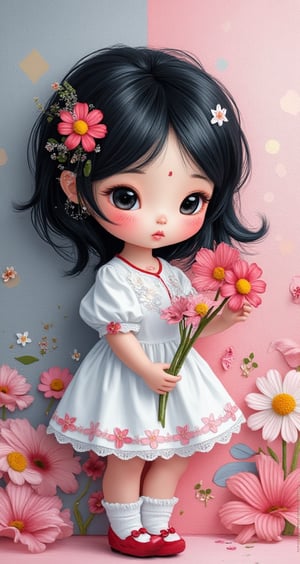 Create a little girl with glitter acrylic paints. Cute and lovely with shy expression, black hair, holding a bunch of cosmos flowers in her hand, wearing a white blouse and miniskirt, background gray and pink, contrasting color texture, polka dots and small flowers.