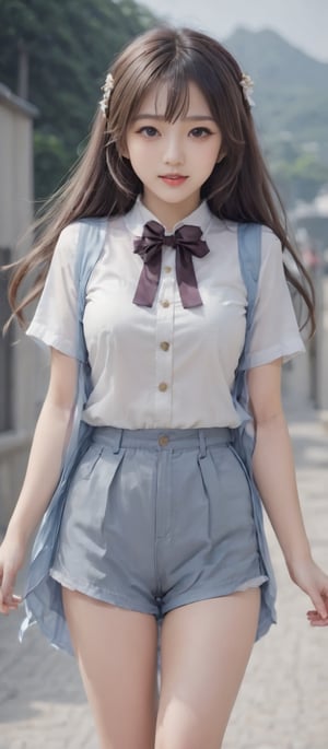 Girl 1, ultra-high definition, hair blowing in the wind, brown eyes, brown hair, delicate facial features, eye smile, {{{masterpiece}}}, {{highest quality}}, high resolution, high detail, natural movements in daily life, idol style Costume, light blue collar t-shirt, shoes, headband, shorts,