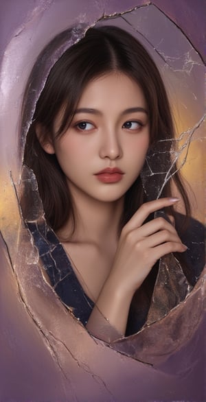 A girl's face reflected in a broken mirror, fantastic details, detailed brush strokes and oil painting, portrait style of a girl in deep thought. Gradients of purple and yellow, dreamy world,