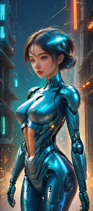 A new concept of futuristic robot suit in which human consciousness and robot body are perfectly integrated into one, a girl with a beautiful face, a city on a planet,Colorful Binary Code Energy