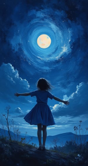 Zenith painting, gouache, realism, oil painting, digital illustration, lovely girl in a one-piece dress looking at the night sky and taking a deep breath with her arms outstretched, minimalist, wind blowing, romantic mood, milky way in the night sky, Archie's illustration painting expression shot, contrast, bright moonlight, night, surrealism,