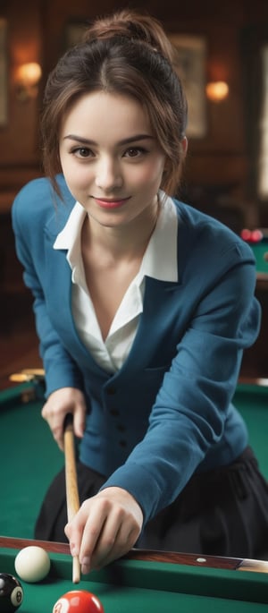 Girl 1, ultra high definition, brown eyes, brown hair, delicate facial features, smile, {{{masterpiece}}}, {{Top Quality}}, high definition, high definition, natural movements in everyday life, posture to play billiards while holding a cue Holding girl, billiard room, professional player,