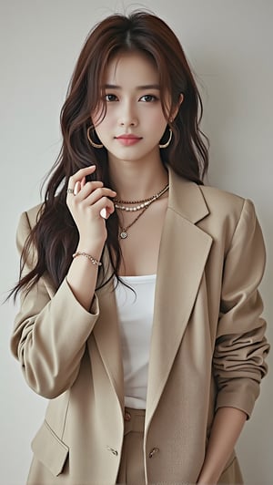 Beautiful and attractive Korean woman, long hair in brown tones, sexy and attractive portrait, soft lighting, detailed, elegant. Ultra high definition, neat and stylish casual outfit, full body, string necklace, small earrings, bracelet, high heels,