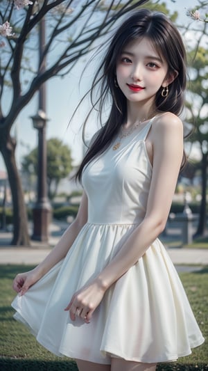 Beautiful and delicate light, (beautiful and delicate eyes), very detailed, pale skin, big smile, (brown eyes), (black long hair), dreamy, medium breasts, woman 1, (front shot), full body shot, Korean girl , bangs, soft expression, height 170, elegance, bright smile, 8k art photo, realistic concept art, realistic, portrait, small necklace, small earrings, fantasy, jewelry, shyness, spring day in the park with cherry blossoms in full bloom, soft image like a dream ,light green dress,asha