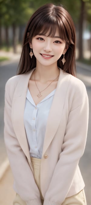 Beautiful, soft light, (beautiful and delicate eyes), very detailed, pale skin, big smile, (long hair), dreamy, medium chest, female 1, ((front shot)), bangs, soft expression, height 170, elegant , Bright smile, 8k art photo, realistic concept art, realistic, person, small necklace, small earrings, fantasy, jewelry, shyness, dreamy soft image, masterpiece, ultra high resolution, pants, , shirt, jacket, color,