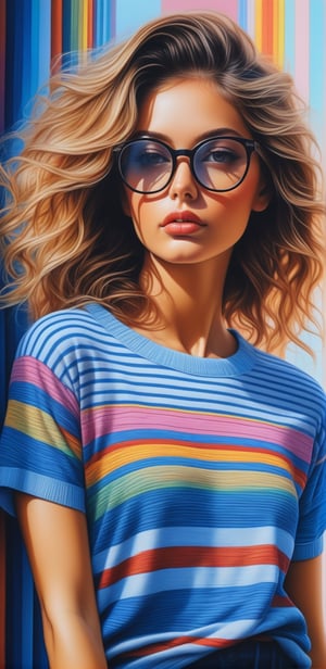 Image, highest quality, masterpiece, ultra-high definition, surreal illustration, natural proportions, Ultra HD, realistic and vivid colors, detailed UHD drawing, perfect composition, 8k, texture, breathtaking beauty, pure perfection, unforgettable emotion, woman 1, fashion, glasses, pose, loose fit short sleeve striped knit tee