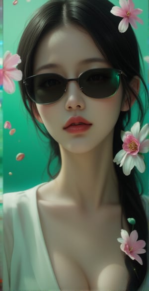 A vivid and lifelike portrait of a woman. She is wearing black sunglasses that cover her eyes, and her lips are sexy with red lipstick. She has black hair, the background is covered with green and blue gradients, and cosmos flowers and petals are floating in the air, and the whole work has a beautiful three-dimensional feeling.