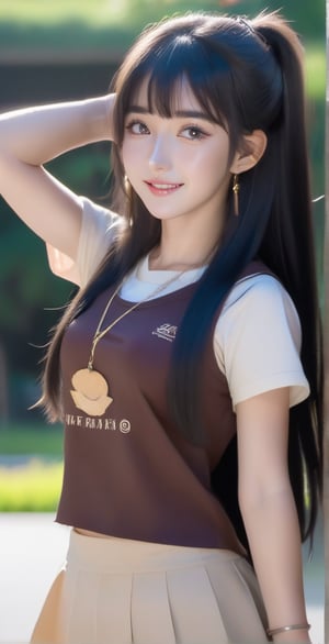 1girl, happy face, long black hair, bangs, medium chest, korean, brown eyes, ultra high definition, light skin, t-shirt, skirt, headband, string necklace, vest,