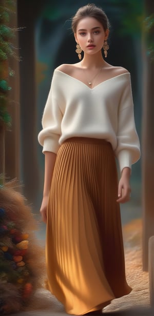 Image, (full body), highest quality, masterpiece, ultra-high definition, (cute face), (perfect brown eyes), surreal illustration, natural proportions, Ultra HD, realistic and vivid colors, highly detailed UHD drawing, perfectly composed, 8k , texture, breathtaking beauty, pure perfection, unforgettable emotion, medium burst, thread necklace, skirt, portrait of a woman, ecru technical wool fleece knit,style