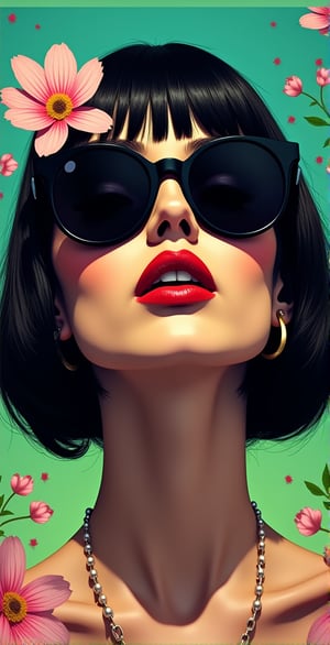 A vivid and lifelike portrait of a woman. She is wearing black sunglasses that cover her eyes, and her lips are sexy with red lipstick. She has black hair, the background is covered with green and blue gradients, and cosmos flowers and petals are floating in the air, and the whole work has a beautiful three-dimensional feeling.