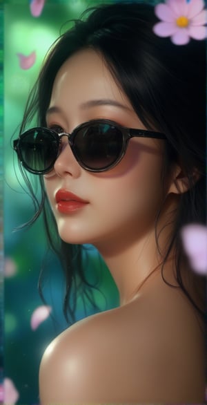 A vivid and lifelike portrait of a woman. She is wearing black sunglasses that cover her eyes, and her lips are sexy with red lipstick. She has black hair, the background is covered with green and blue gradients, and cosmos flowers and petals are floating in the air, and the whole work has a beautiful three-dimensional feeling.