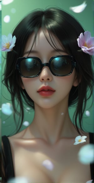 A vivid and lifelike portrait of a woman. She is wearing black sunglasses that cover her eyes, and her lips are sexy with red lipstick. She has black hair, the background is covered with green and blue gradients, and cosmos flowers and petals are floating in the air, and the whole work has a beautiful three-dimensional feeling.